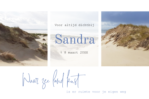 Mooie rouwkaart met zee, duinen en een portretfoto