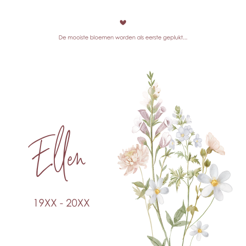 Rouwkaart vrouw met veldbloemen en symbolische tekst