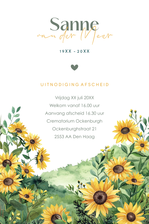 Moderne staande rouwkaart met zonnebloem in aquarelstijl