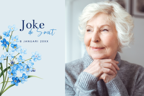 Rouwkaart met foto, moderne typografie en vergeet me nietjes
