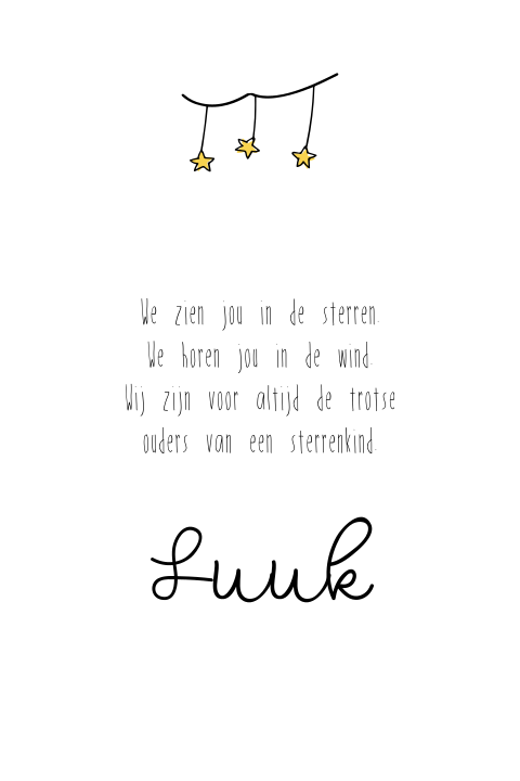 Baby rouwkaartje met sterretje en gedicht van Lief Leven