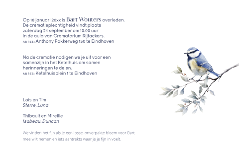 Enkele rouwkaart met blauw vogeltje en subtiele takken