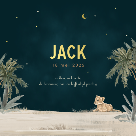 Baby rouwkaartje thema jungle met welpje in de nacht