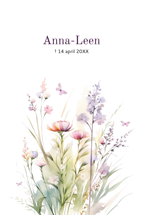 Rouwkaart vrouw met veldbloemen in zachte tinten lila