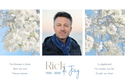 Rouwkaart met witte bloesem en portret in zachte lentetinten