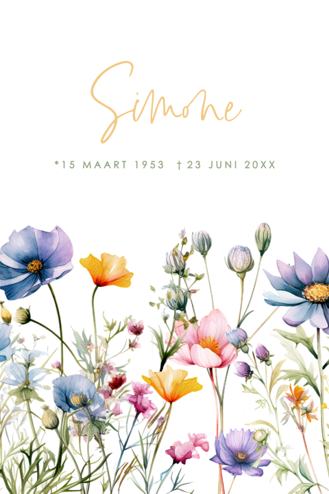 Modern gedachtenisprentje met veldbloemen blauw en geel