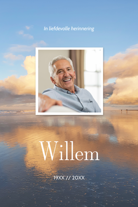 Rouwkaart zee ondergaande zon en portretfoto