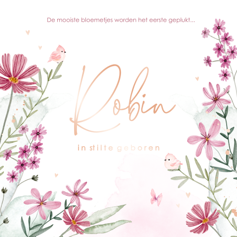 Baby rouwkaartje met veldbloemen, vlinders en vogeltjes