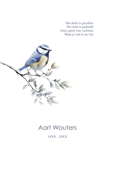 Rustgevende rouwkaart met blauwe vogel en gedicht