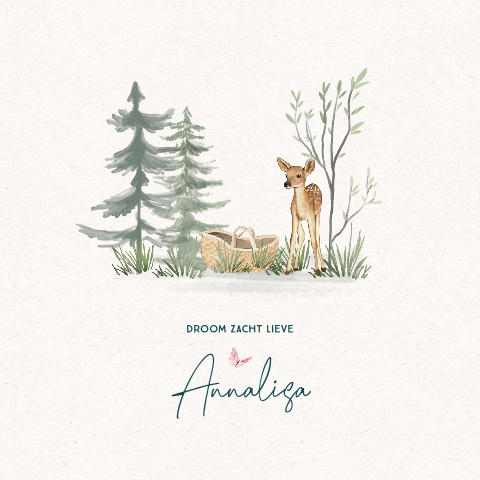 Baby rouwkaart meisje met bambi en wiegje. in het bos