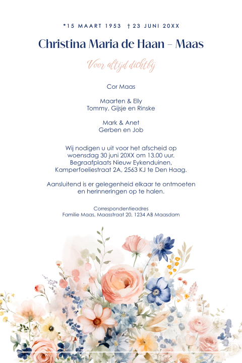 Een enkele rouwkaart met prachtige veldbloemen voor oma