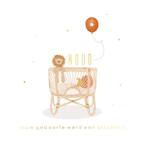 Baby rouwkaartje zoon met wiegje, knuffel en ballon
