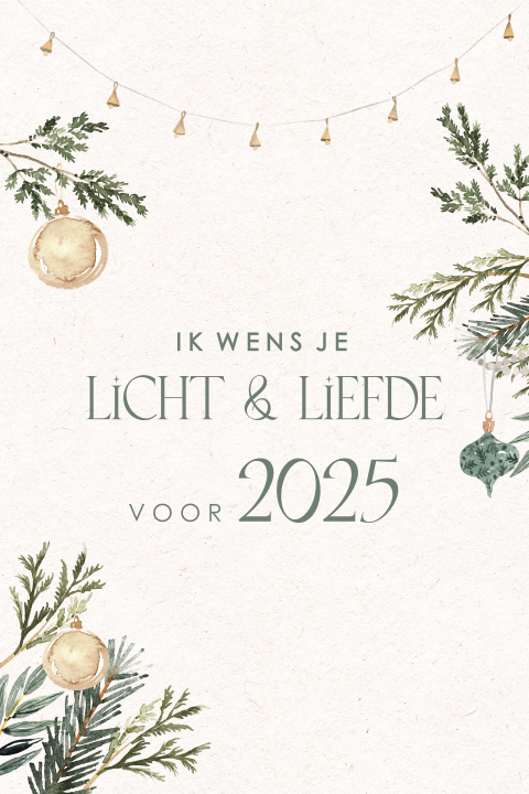 Kerstkaart met lichtjes, kersttakken en lieve woorden
