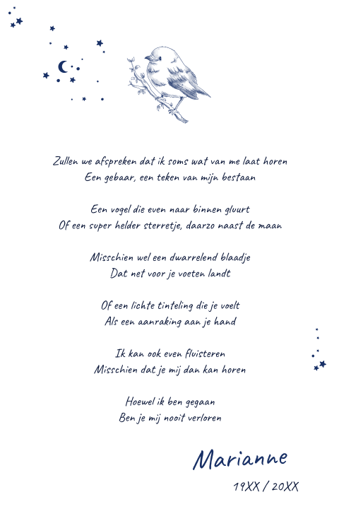 Rouwkaart met vogel modern met gedicht