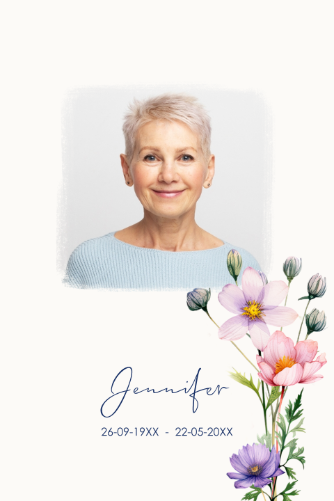 Rouwkaart met foto in kader met zachte rand en bloemen