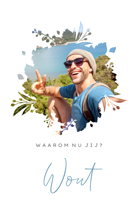 Rouwkaart man met foto en aquarelrand in moderne stijl