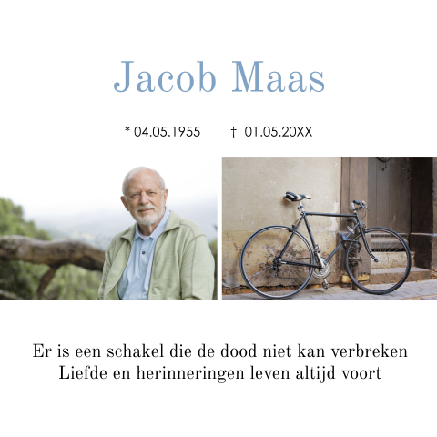 Gedachtenisprentje met foto's die zijn hobby laat zien