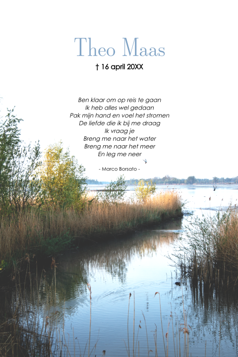 Rouwkaart met foto meer in vroege ochtend