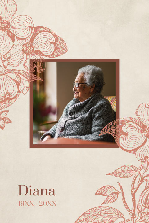 Rouwkaart met foto en terracotta bloemenillustraties