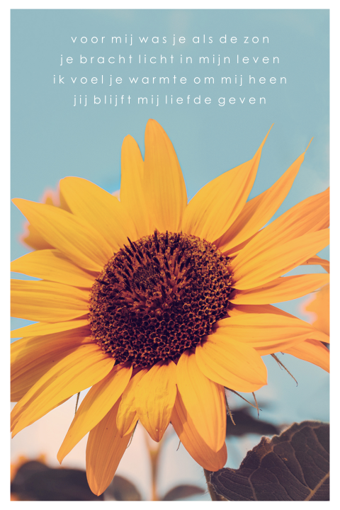 Bedankkaart na overlijden met zonnebloem en gedicht