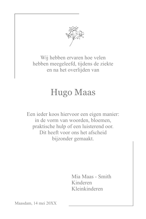 Bedankkaart na overlijden klassieke enkele kaart staand