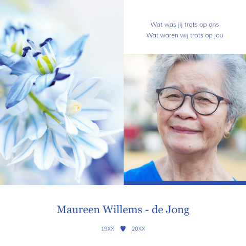 Kleurrijke rouwkaart vrouw met lelie en portretfoto