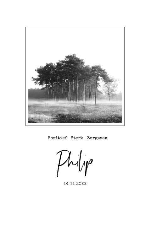 Rouwkaart man modern met zwart-wit foto van bomen