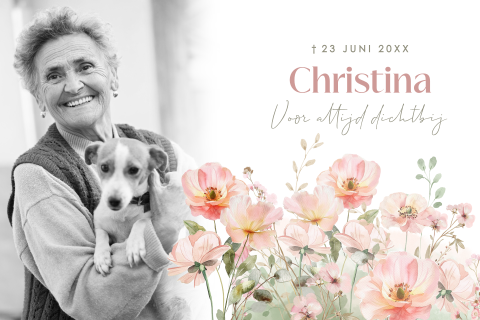 Rouwkaart met zachte, roze veldbloemen en persoonlijke foto