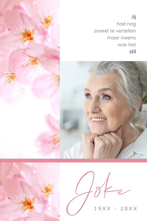 Rouwkaart vrouw met roze bloesemtak en portretfoto