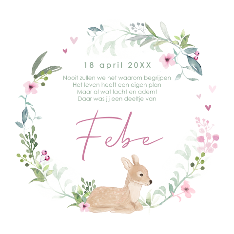 Rouwkaartje baby meisje in ronde vorm met hertje en bloemen