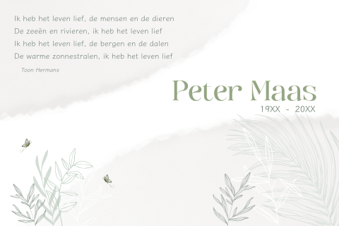 Serene rouwkaart met natuurillustraties en zachte groentinten