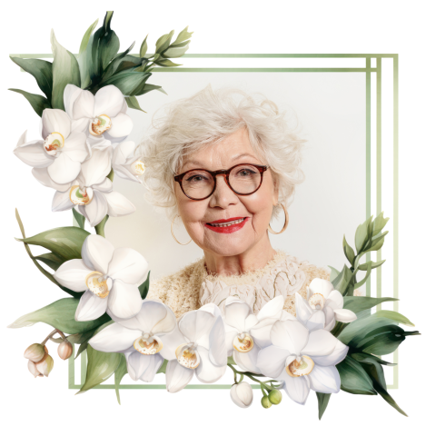 Klassiek bidprentje met witte orchidee en portretfoto