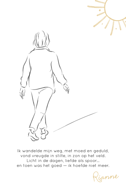 Rouwkaart  met wandelende vrouw en zon | lijntekening 