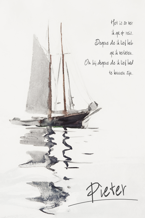 Rouwkaart met zeilboot in aquarel met gedicht ik ga op reis