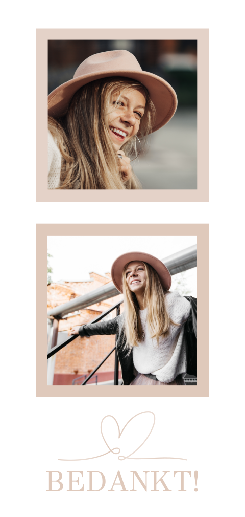 Stijlvolle bedankkaart met warme fotocollage en hoogglans