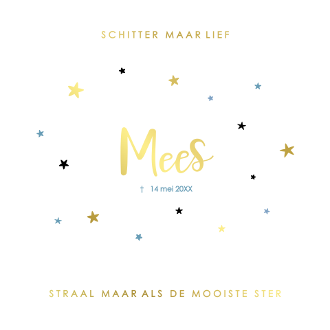 Baby rouwkaartje straal maar lief, naam en sterren in folie
