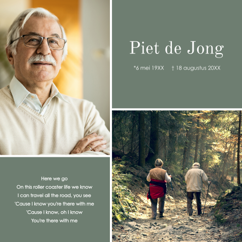 Rouwkaart man met fotocollage en warme tinten groen