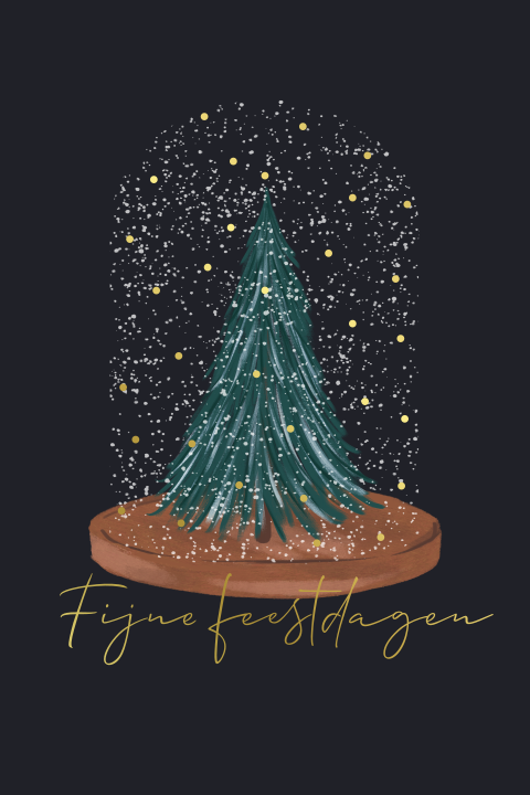 Kerstkaart met kerstboom in sneeuwbol fijne feestdagen