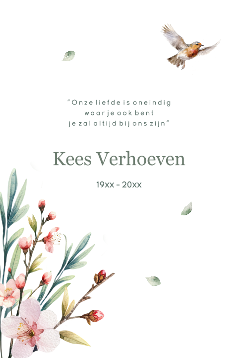 Rouwkaart vader met illustratie van bloesem en vogel