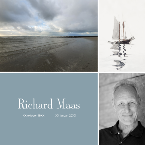 Collage rouwkaart met zee, zeilschip en portretfoto