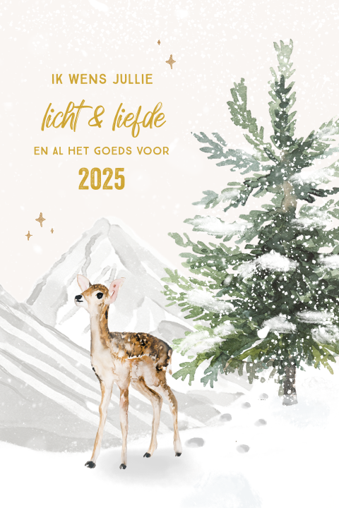 Kerstkaart winterlandschap met hertje en lieve woorden