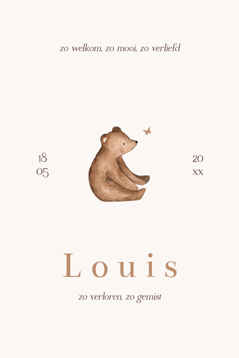 Baby rouwkaart met lief beertje en stijlvolle typografie
