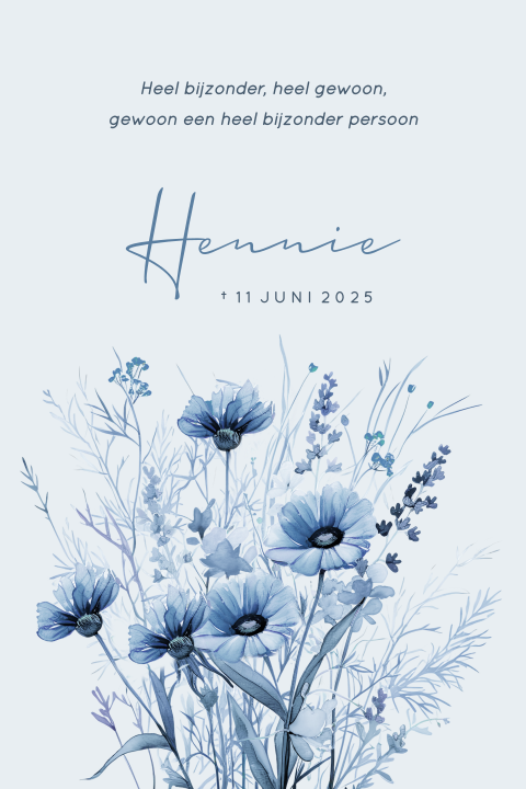 Rouwkaart met geïllustreerde veldbloemen in blauwtinten