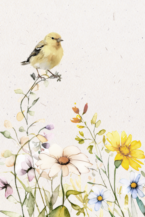 Bidprentje veldbloemen met vogeltje | aquarelstijl
