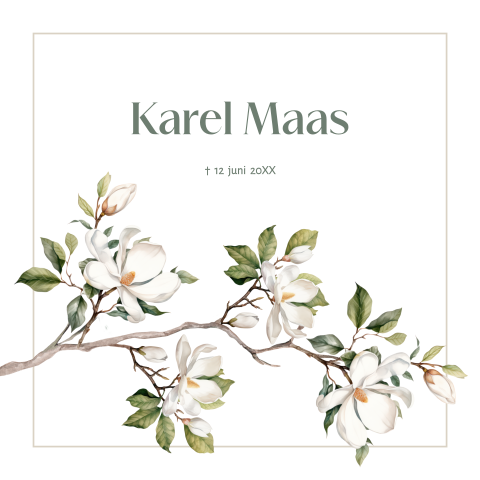 Rouwkaart met bloemen, witte magnolia tak aquarel