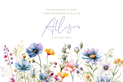 Zachte pastel rouwkaart met veldbloemen en sierlijke naam