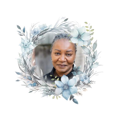 Bedankkaart na overlijden met foto en krans van bloemen