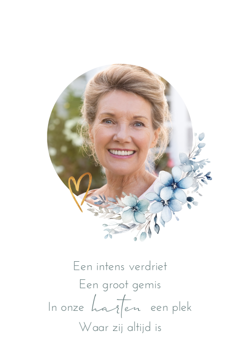 Gedachtenisprentje met bloemen, foto en een gouden hart