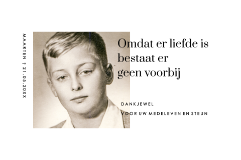 Bedankkaart na overlijden met jeugdfoto van vroeger