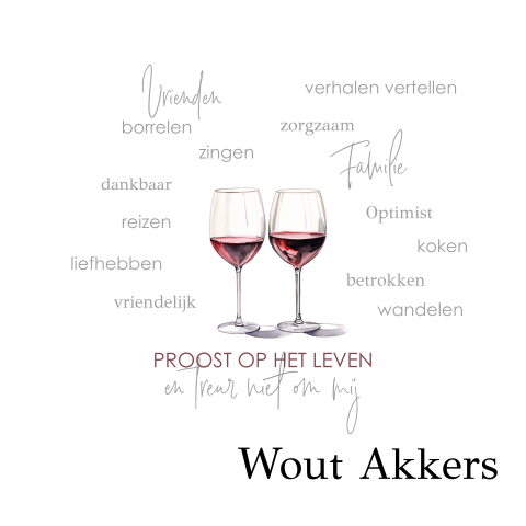Modern bidprentje met wordcloud en toostende wijnglazen